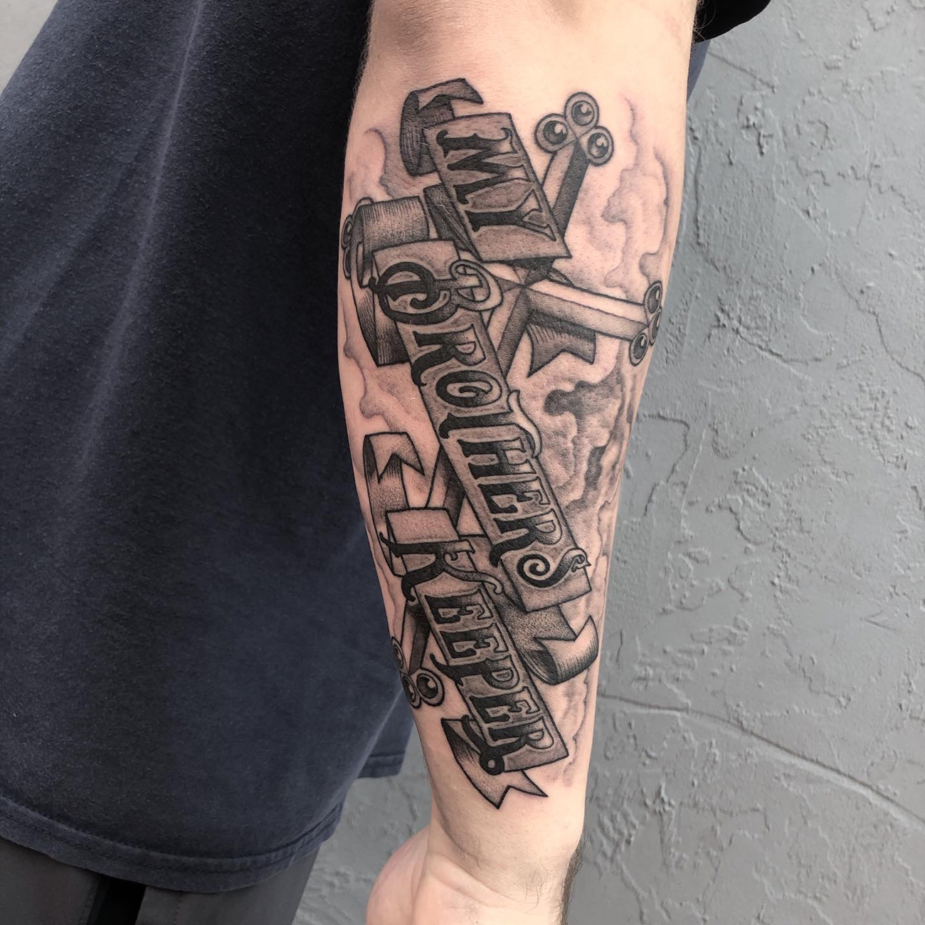 Lettering and Script, Black and Gray, Illustrative tattoo by Scott
